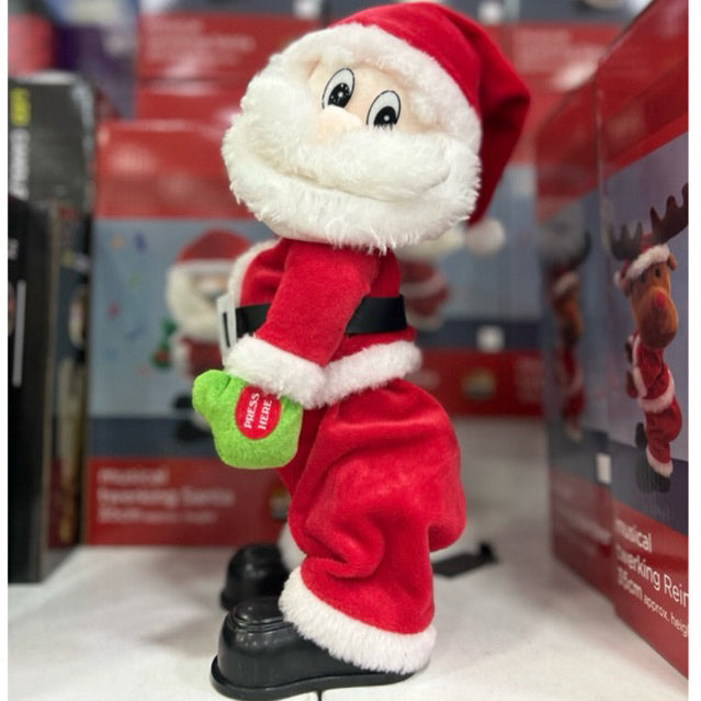 Dancing Santa Claus, gyrates to the music